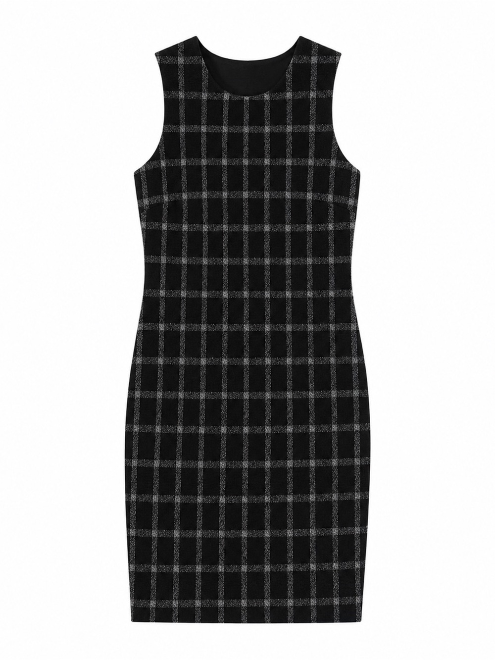 Calvin Klein Black and Gray Plaid Sleeveless Midi Sheath Dress